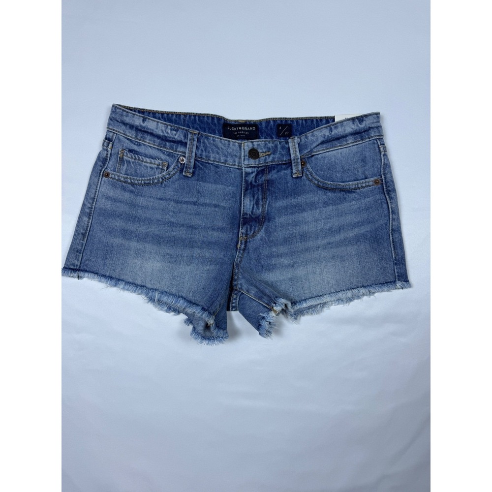 Lucky Brand The Cut Off Denim Shorts Medium Wash Blue Frayed Hem Size 4 27 NEW